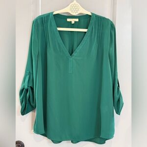 Green V-Neck Roll-Sleeve Blouse by Liz Claiborne
